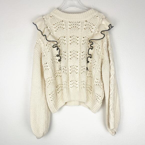 En Saison Sweater Womens 2X Ruffle Chunky Cable Knit Pointelle Cottagecore Cream - Picture 1 of 8